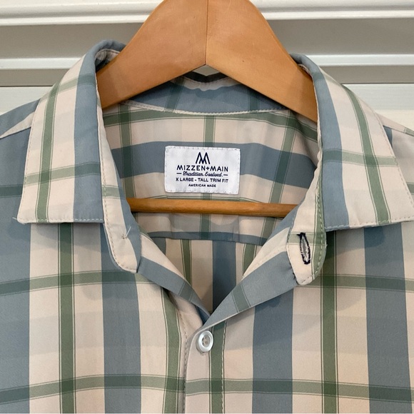 Mizzen Main Men XL TALL Trim Fit Shirt Blue Plaid Performance Long Sleeve Button - Picture 4 of 13